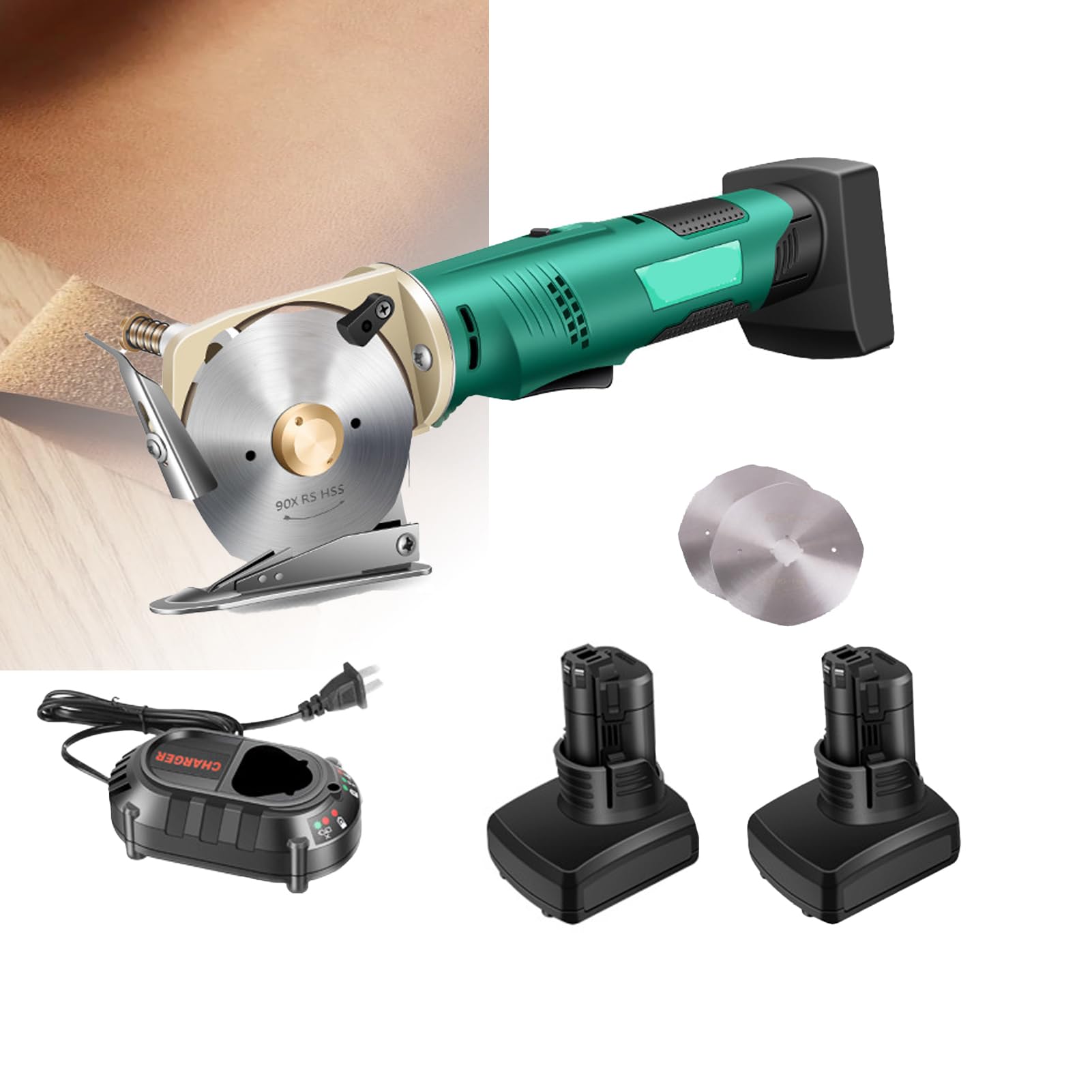 Genérico Cortadora Rotativa Eléctrica Inalámbrica Tijeras,Cortadora De Tela Rotativa,4000mah,90# | Grosor de corte ≤2.5cm/3.3cm con bloqueo de seguridad, bajo ruido,viene con 2 baterías,2 cuchillas para cortar cartón,cuero