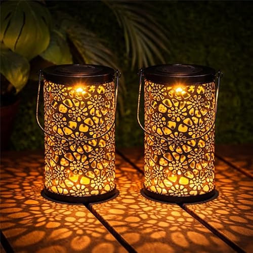Festive Lights - Pack of 2 Solar Moroccan Lanterns – 31cm Black Metal Cut-Out Pattern Garden Lanterns, Warm White LED, Outdoor Hanging Tabletop Patio Garden Light Decoration, IP44 Waterproof