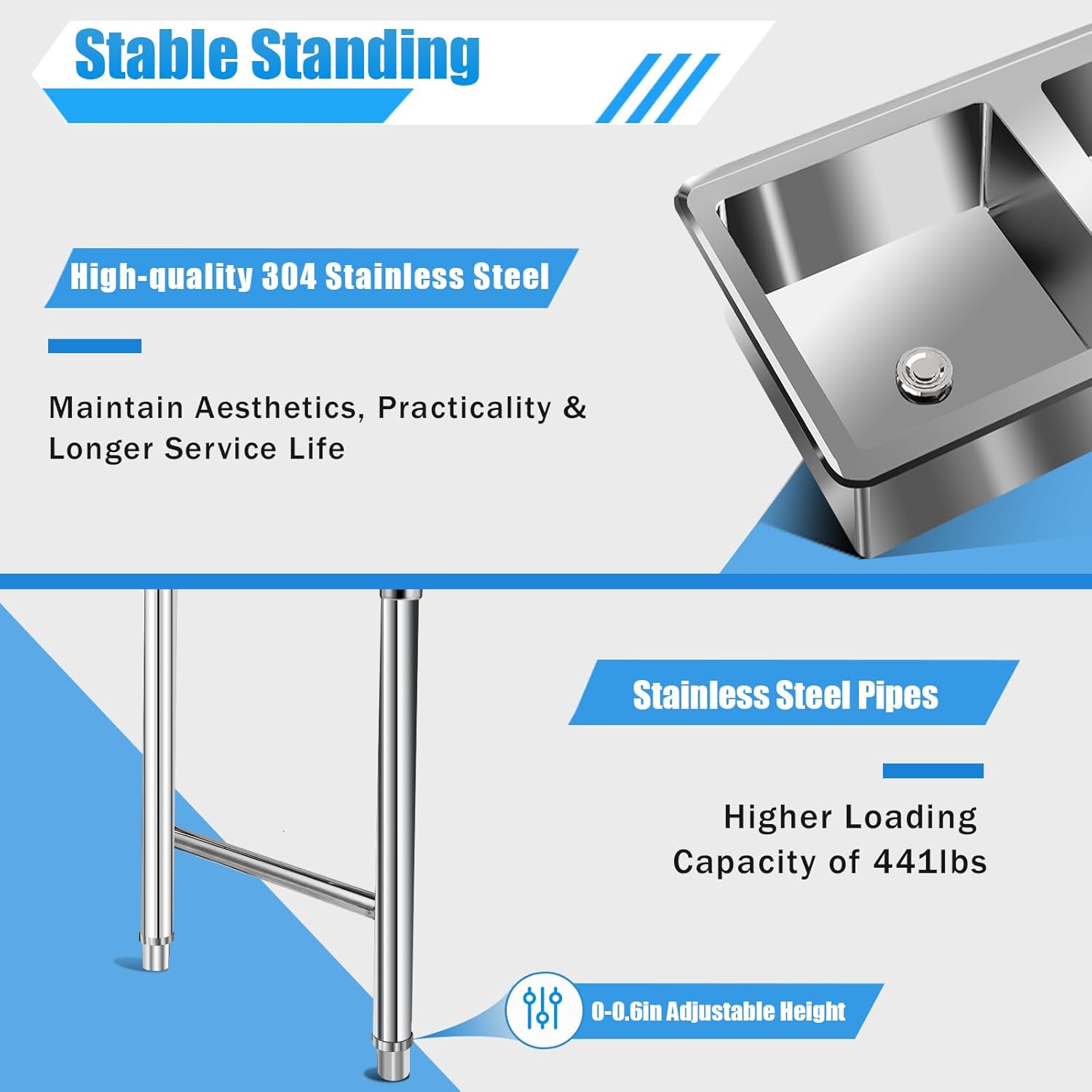 3-Slot Kitchen Sink, Freestanding 3-Compartment Stainless Steel Sink with 2 Faucets & Pipes - Commercial Grade, Triple Bowl Sink for Garages, Laundry Rooms & Food Trucks 39 x 18 x 35.8 Inch