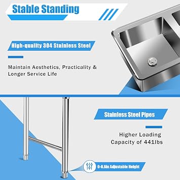 3 Compartment Kitchen Sink Stainless Steel Freestanding Utility Sink with 2 Faucet Commercial Kitchen Basin Free Standing Triple Bowl Sinks 39 L18 W36 H