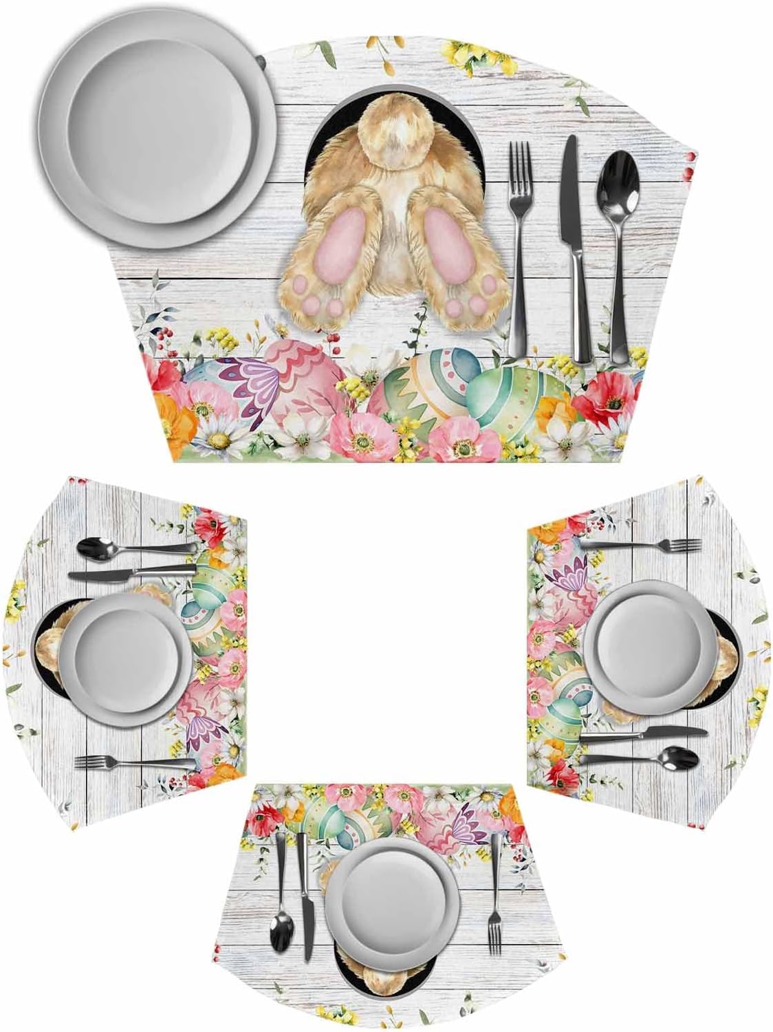 Grey Bunny Easter Round Placemats Set of 4, Rabbit Spring Floral Eggs Wooden Placemats for Round Dining Table Shape Wedge Placemat for Outdoor Indoor Wipeable Clean Table Place Mats