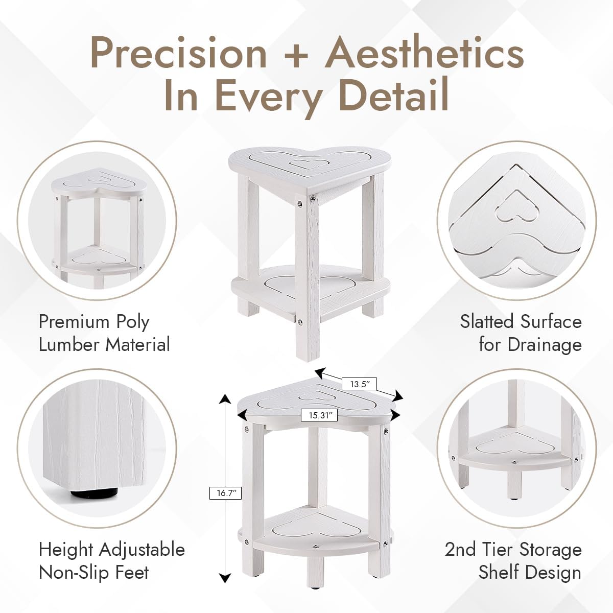 Corner Shower Stool for Inside Shower - Waterproof Corner Shower Bench, HDPE Plastic Bathroom Bench, Adjustable Height Corner Chair for Shaving Legs,Storage Shelf,Non-Slip Feet，White