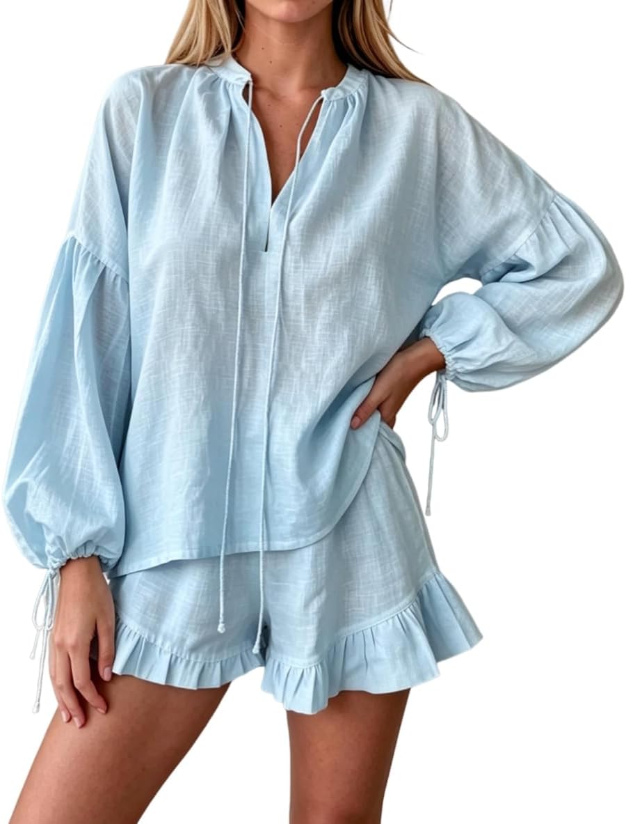 Women Ruffle 2 Piece Sets Long Sleeve Button Down Shirt and Shorts Pajamas Sets