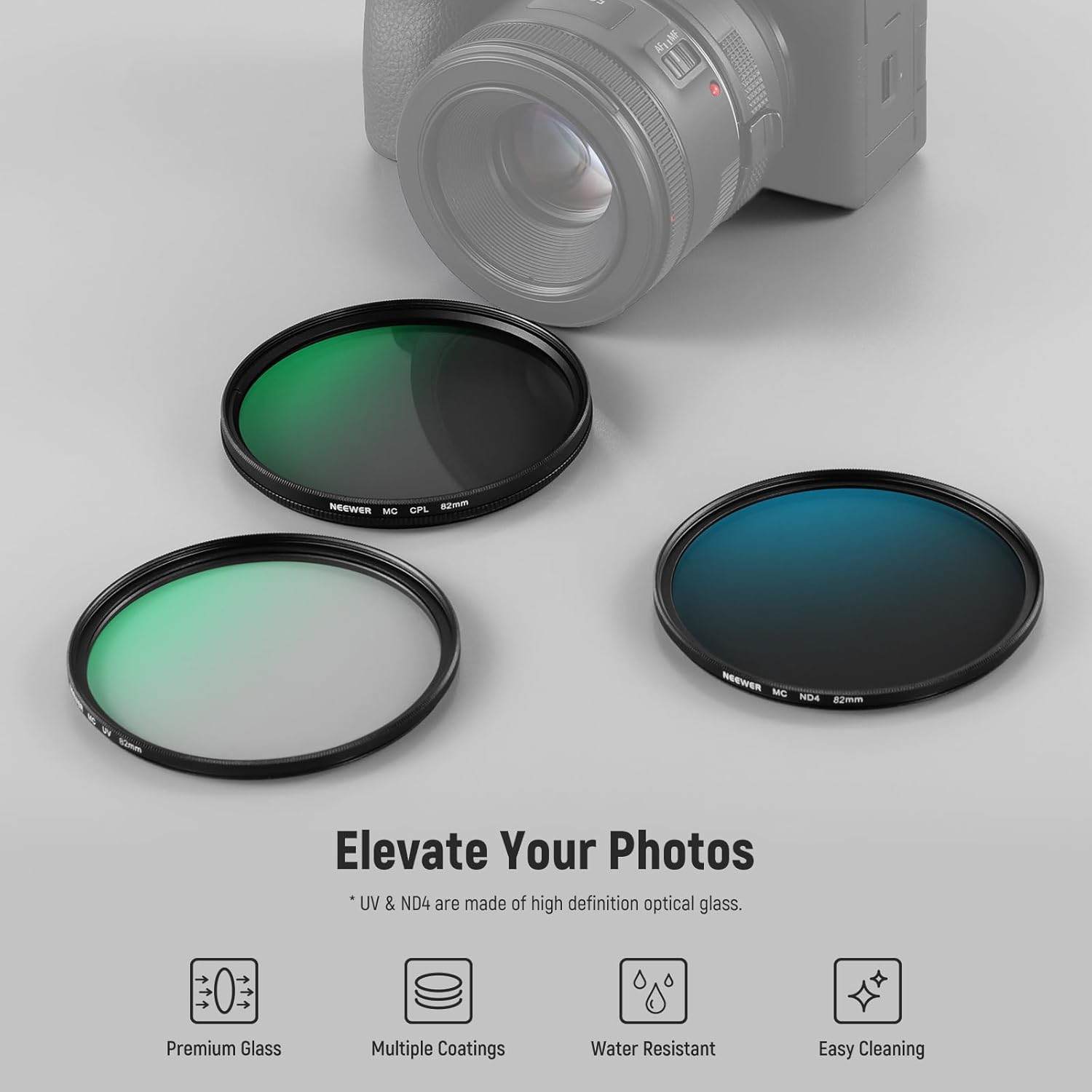 NEEWER 82mm UV/CPL/ND Lens Filter Kit with Hard Shell Storage Case, Multicoated Optical Glass & Aluminum Alloy Frame, UV + Circular Polarizer (CPL) + Neutral Density (ND4) Filter for 82mm Camera Lens