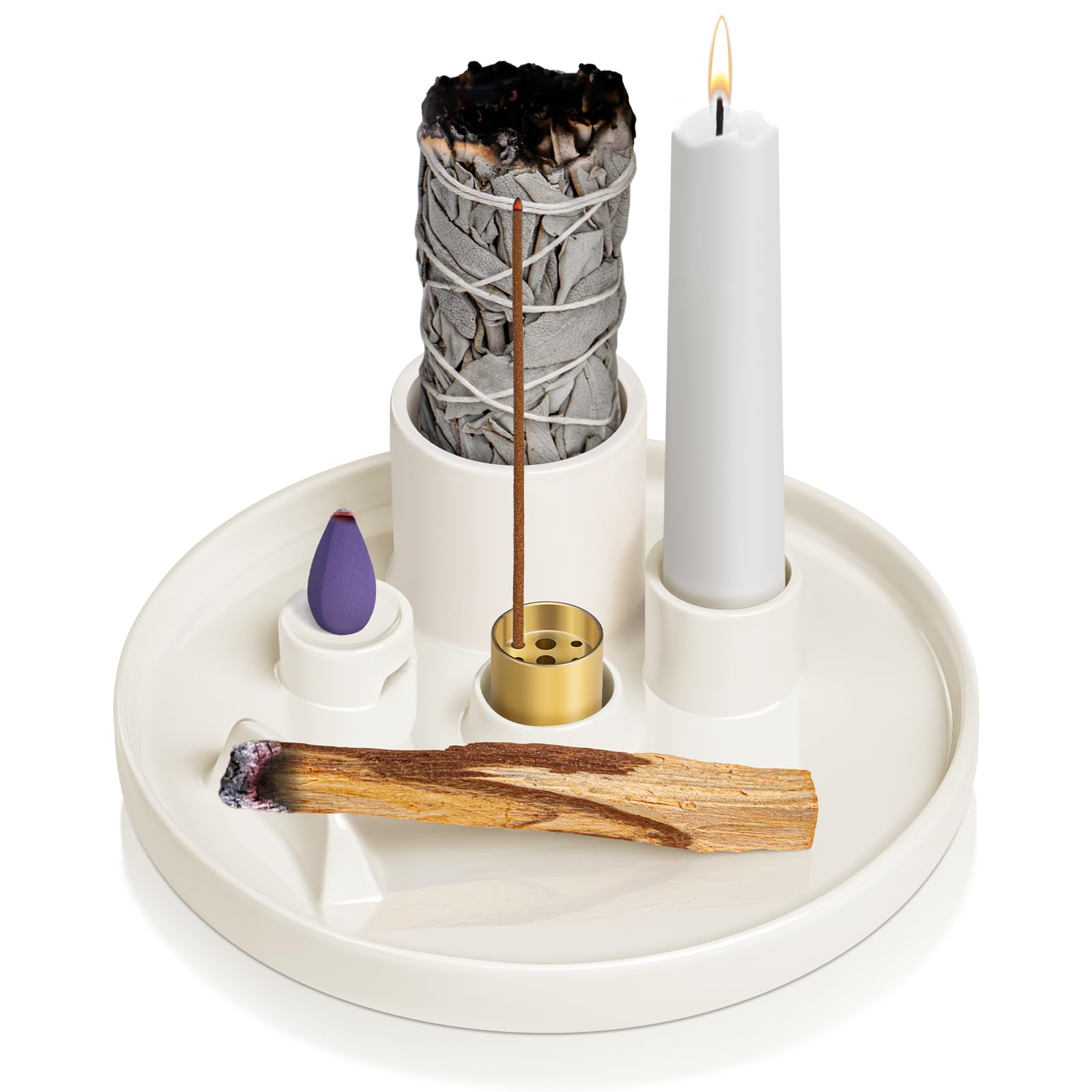 WhiteRhino 6 in 1 Incense Burner,9 Hole Brass Incense Cone Holder for Sticks,Ceramic Tray for Palo Santo Sticks,Candles,for Yoga,SPA Home Decoration-White