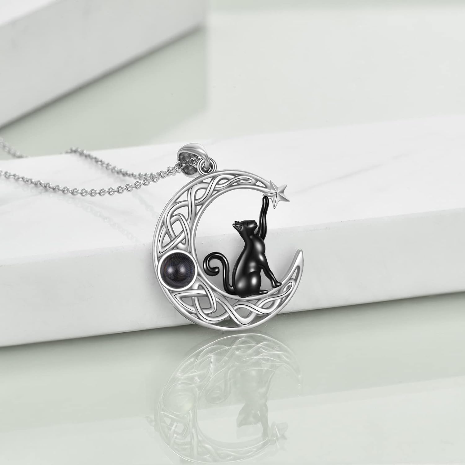 Celtic Moon Black Cat Necklace for Women - Abalone Tree of Life Sterling Silver Cat Lovers Jewelry - Image 6
