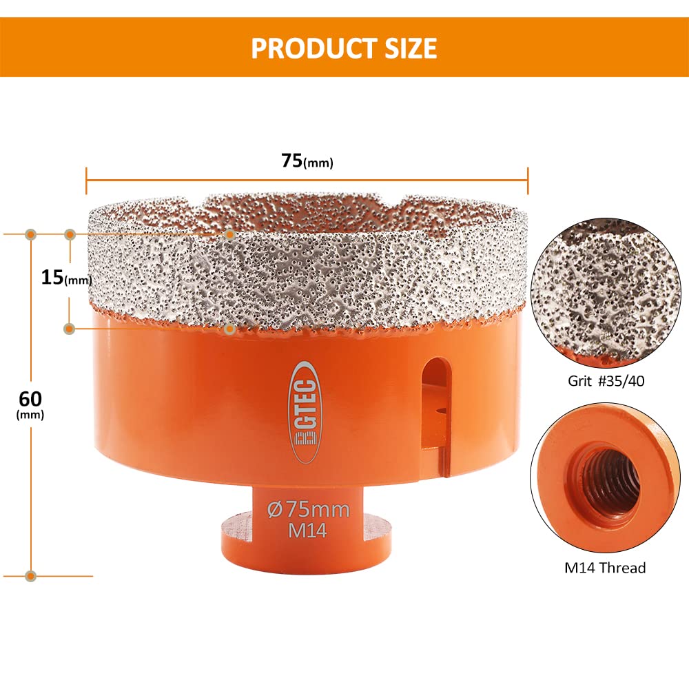 BGTEC Brocas de Diamante Seco para Baldosas de Porcelana Mármol de Cerámica Ladrillo M14 Hilo 2 piezas Diámetro 75 mm