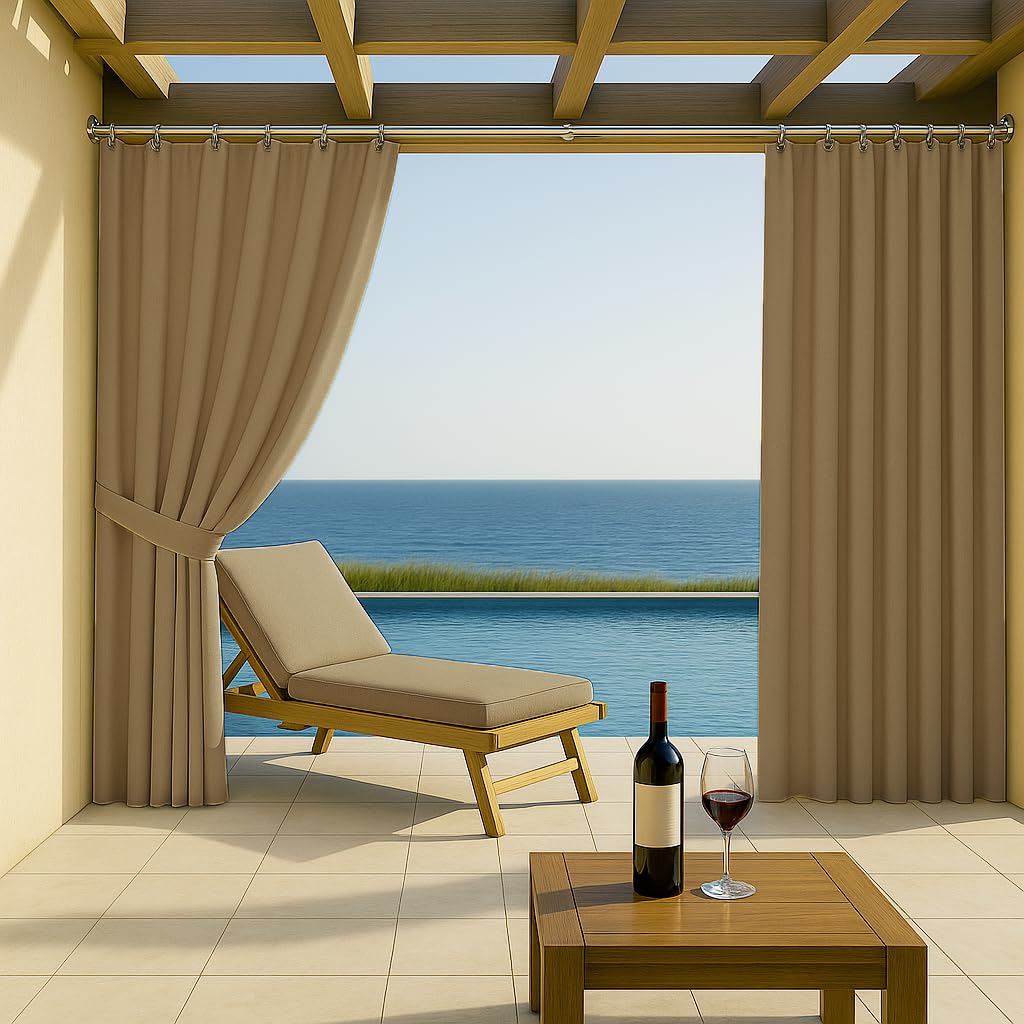 Byour3 – wasserdichte Outdoor Vorhäng Wetterfest mit Metallringen Anti-Schimmel Verdunkelungs Seitenvorhänge Markise für Balkon Pavillon Terrasse Sonnenschutz (Beige, B. 200 x 290 L)