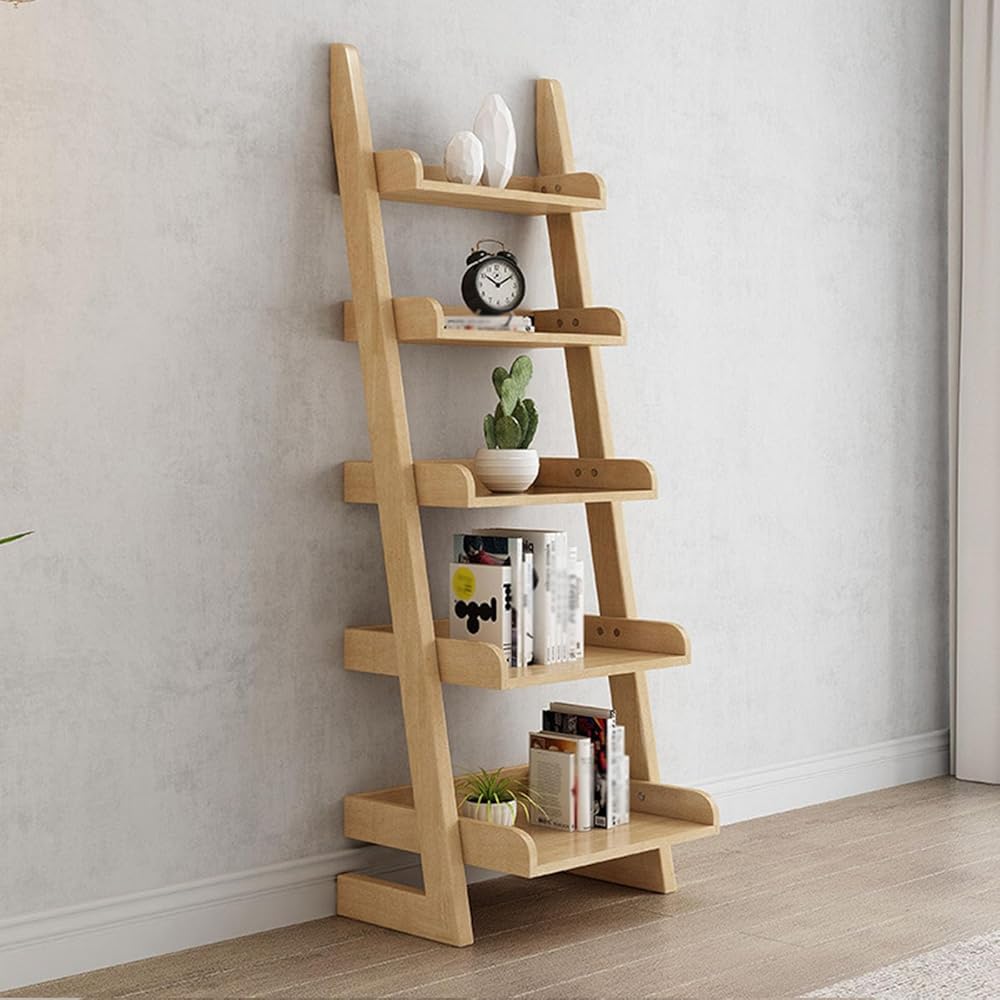 Estantería de 5 niveles con escalera de madera para almacenamiento en sala de estar y oficina