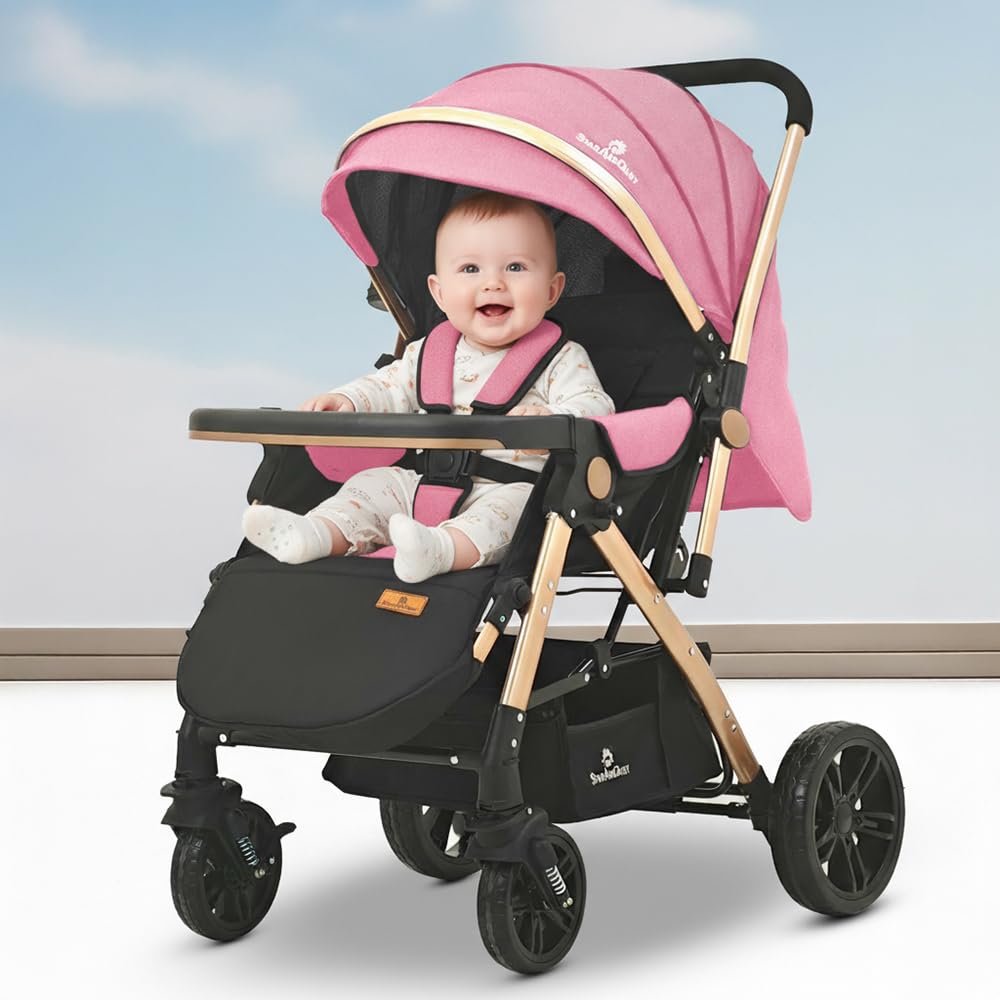 StarAndDaisy Foldable Stroller for Baby 0-3 Years Infant & Toddler / Travel Pram for Baby with Suspension & Lockable Wheels, Multi-Level Recline & Adjustable Footrest & Canopy, Removable Tray , Safety Harness Belt -Pink-picture-37