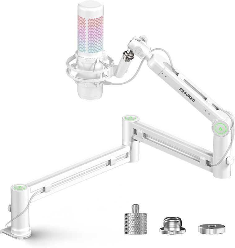 Brazo de micrófono, soporte de brazo de micrófono de perfil bajo para escritorio Aokeo AK-58i, adecuado para Blue Yeti, Snowball iCE, HyperX QuadCast, SoloCast, Elgato Wave, etc. (blanco)