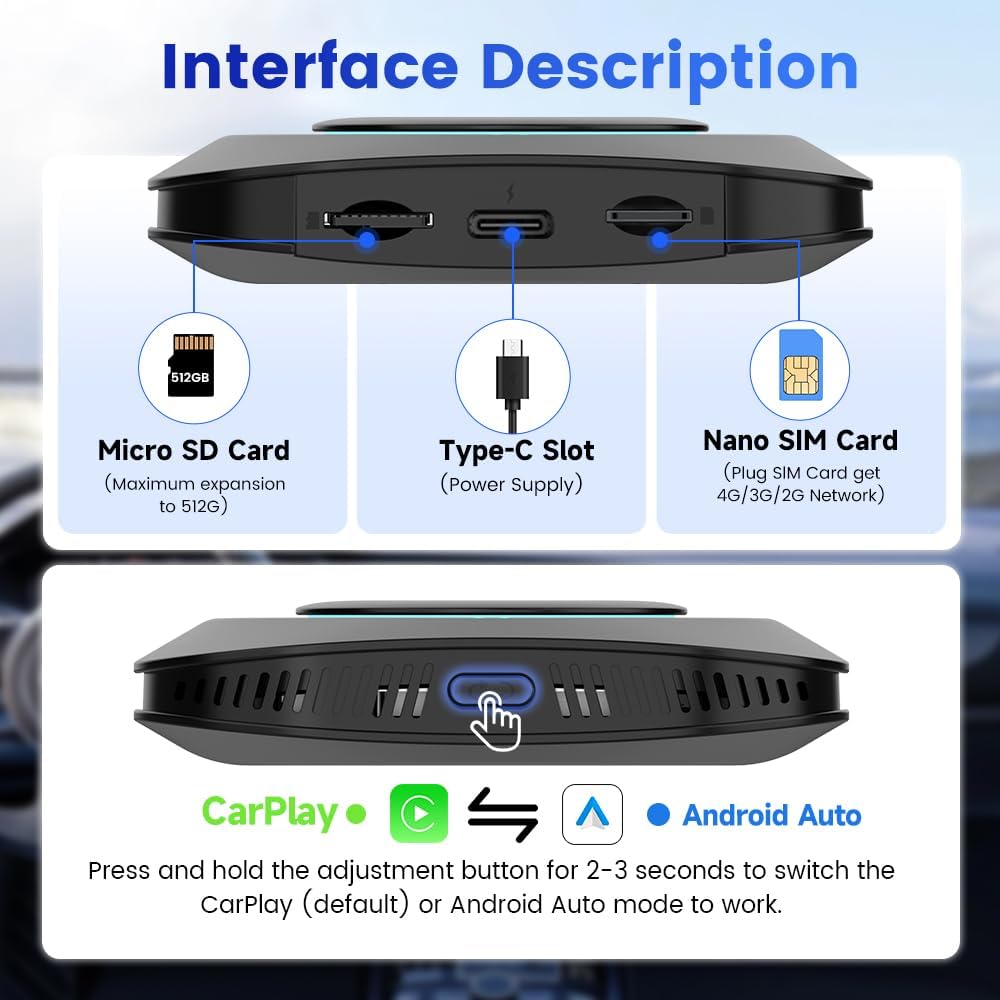 Diagram showing the Micro SD Card slot, Type-C slot, and Nano SIM Card slot on the CarlinKit AI Box.