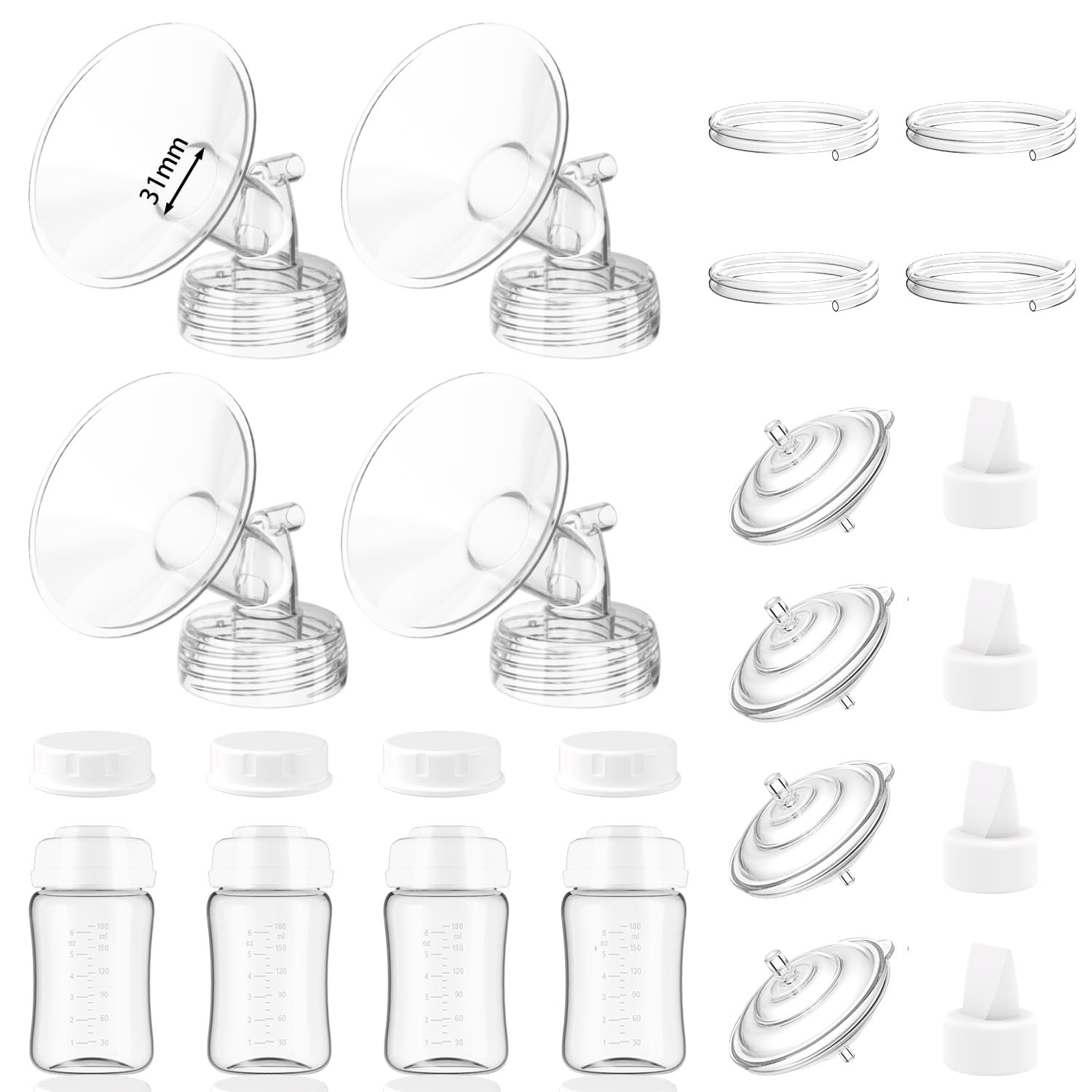 4packs 31mm Full Breast Replacement Pump Parts for Spectra S1 S2 9 Plus Synergy Gold Include 13mm Flange,Valve,Backflow Protector,Tube,Bottle,Caps, Fit for Motif Luna Cimilre Ameda MYA Pump