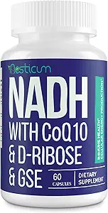Aesticum NADH 50mg + CoQ10 200mg + D-Ribose 150mg Supplement, Boosting NAD+ Supplements for Immune System, Cellular Energy, Focus, Reduced Nicotinamide Adenine Dinucleotide, 60 Veggie Capsules