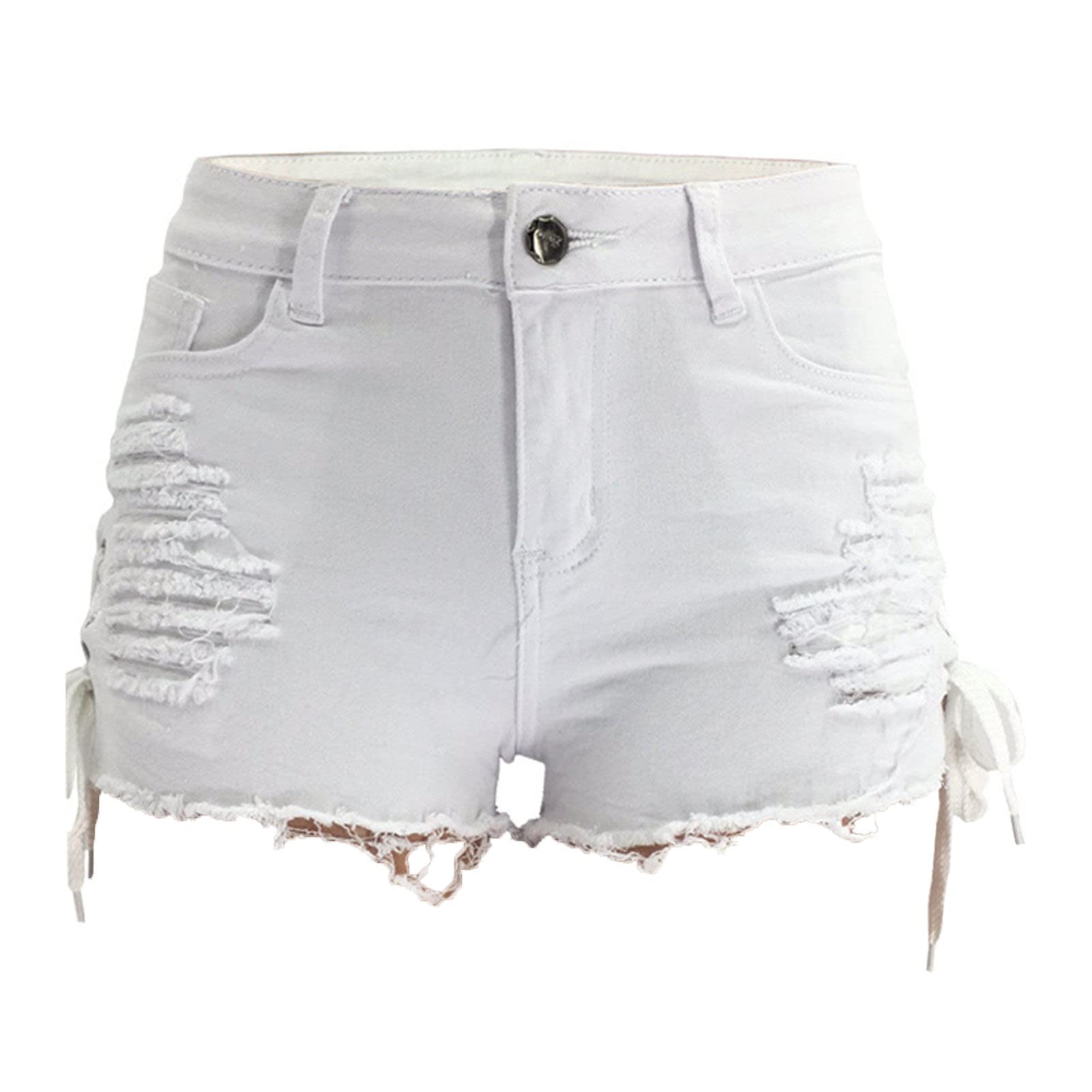 JEKE-DG Women's High Waist Perfect Butt-Lifting Denim Short Drawstring Slit Denim Short Destroyed Hole Fringed Shorts (X-Large,White)