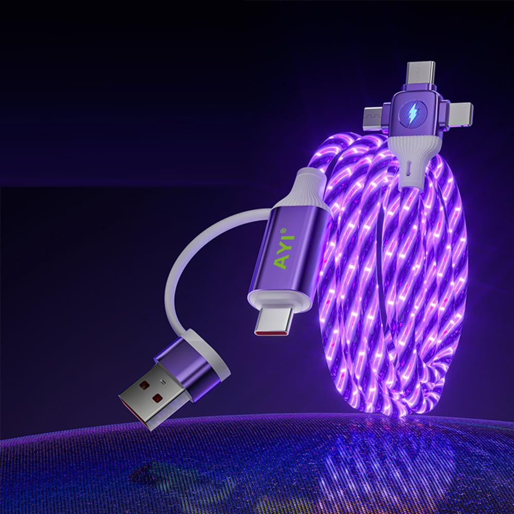 AYI 6 in 1 Multi Ports Charger 6 Combinazioni USB A/Tipo C a USBC Micro PD Cavo di ricarica rapida Illuminato Corrente fluente Compatibile con quasi i dispositivi elettrici - 6 IN1 Cross Star Viola