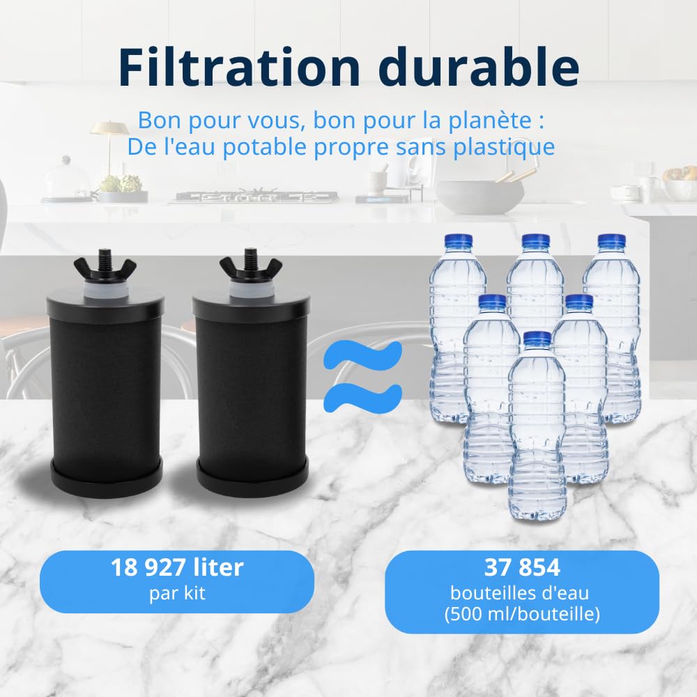 Family Filtre à eau | Filtre à Eau par Gravité 8,5 L | Purificateur d’Eau Maison en Acier Inoxydable | Fontaine Filtrante avec 2 Cartouches | Sans Électricité