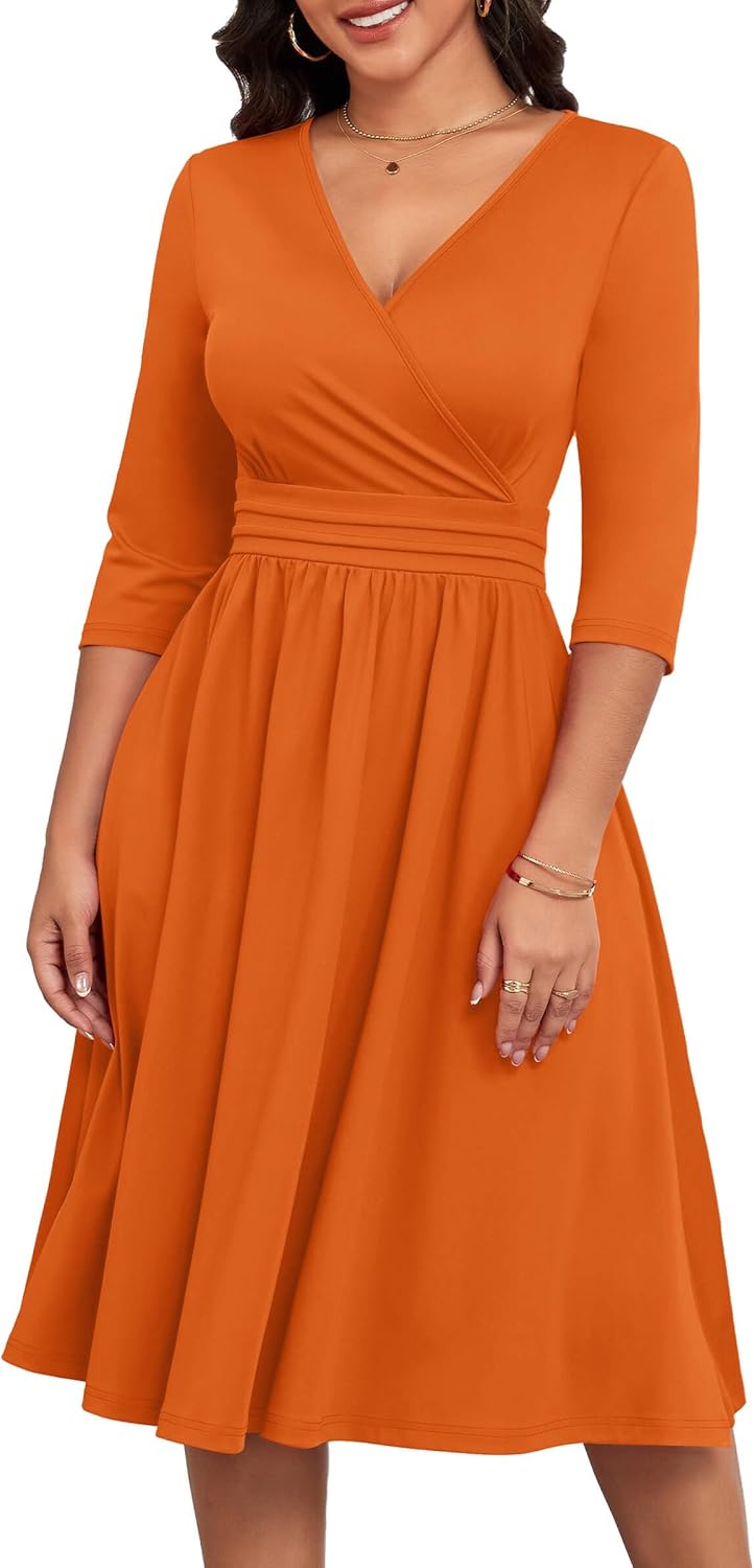 Nmoder Casual Wrap Dresses for Women A-Line Flared Church Midi Dress V Neck 3/4 Sleeve with Pockets