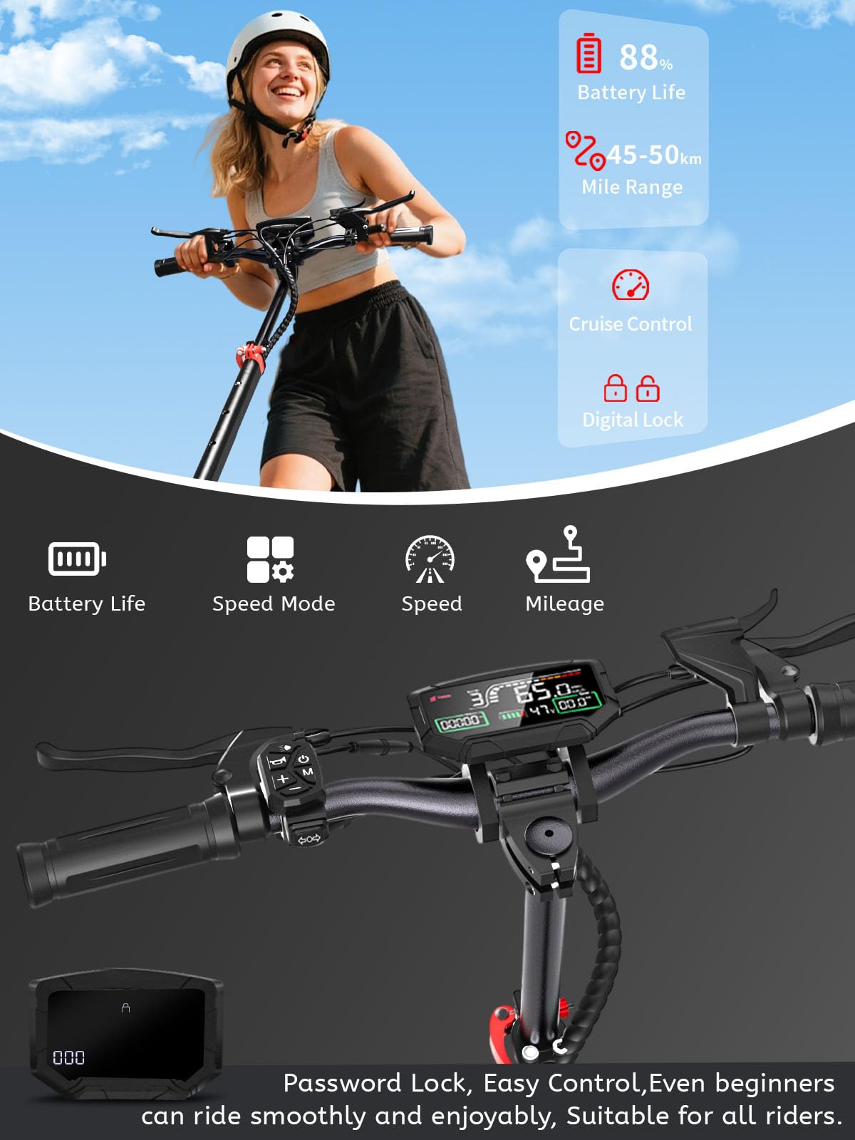 1600W Patinete Eléctrico Adultos Plegable Autonom 45-55KM,48V/18Ah Batería | Ruedas 10.5" Todoterreno Electric Scooter Doble Frenado Sistema Patinete Electrico Plegable Capacidad Carga 150kg 25km/h