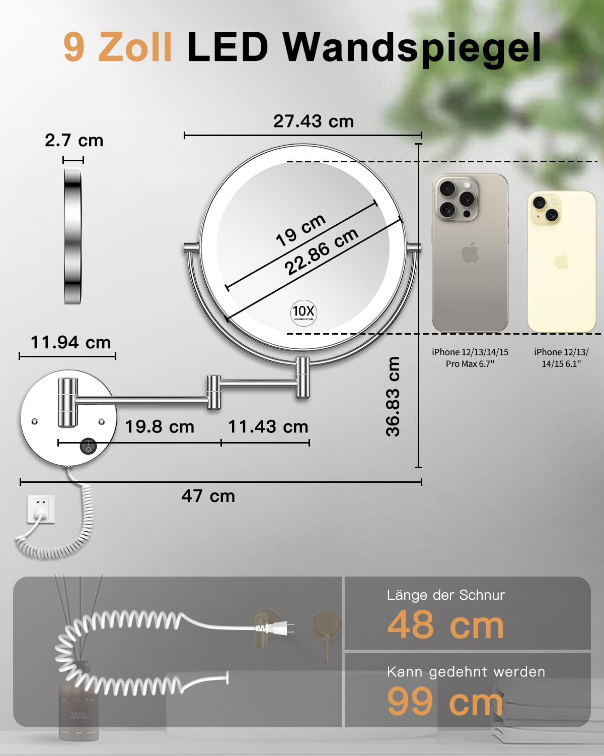 Gospire 9'' Wandmontage Schminkspiegel mit Beleuchtung mit 3 Farben & Dimmable, 1X/10X Vergrößerung LED Doppelseitiger Kosmetikspiegel, Verlängerbarer Spiegel 360° Schwenkbarer Rasierspiegel, Chrom