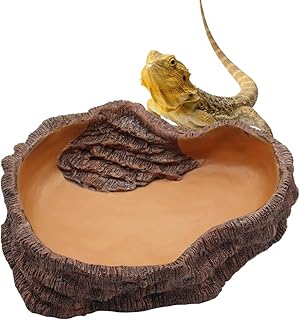 Reptile Water Bowl, Large Resin Rock Worm Feeder Dish Food Feeder Bowl, Amphibian Feeding Bowl Decor for Lizards, Chameleon, Leopard Gecko, Frog, Bearded Dragons, Snake (Stump Design, L)