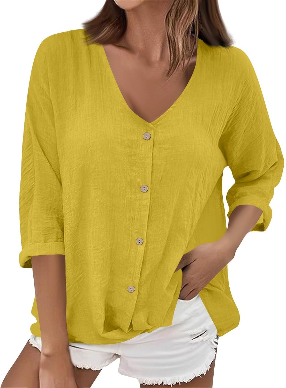 Button Down Shirts for Women Long Sleeve Gauze Shirt Casual Loose Fit V Neck Lightweight Tops Fall Work Blouse
