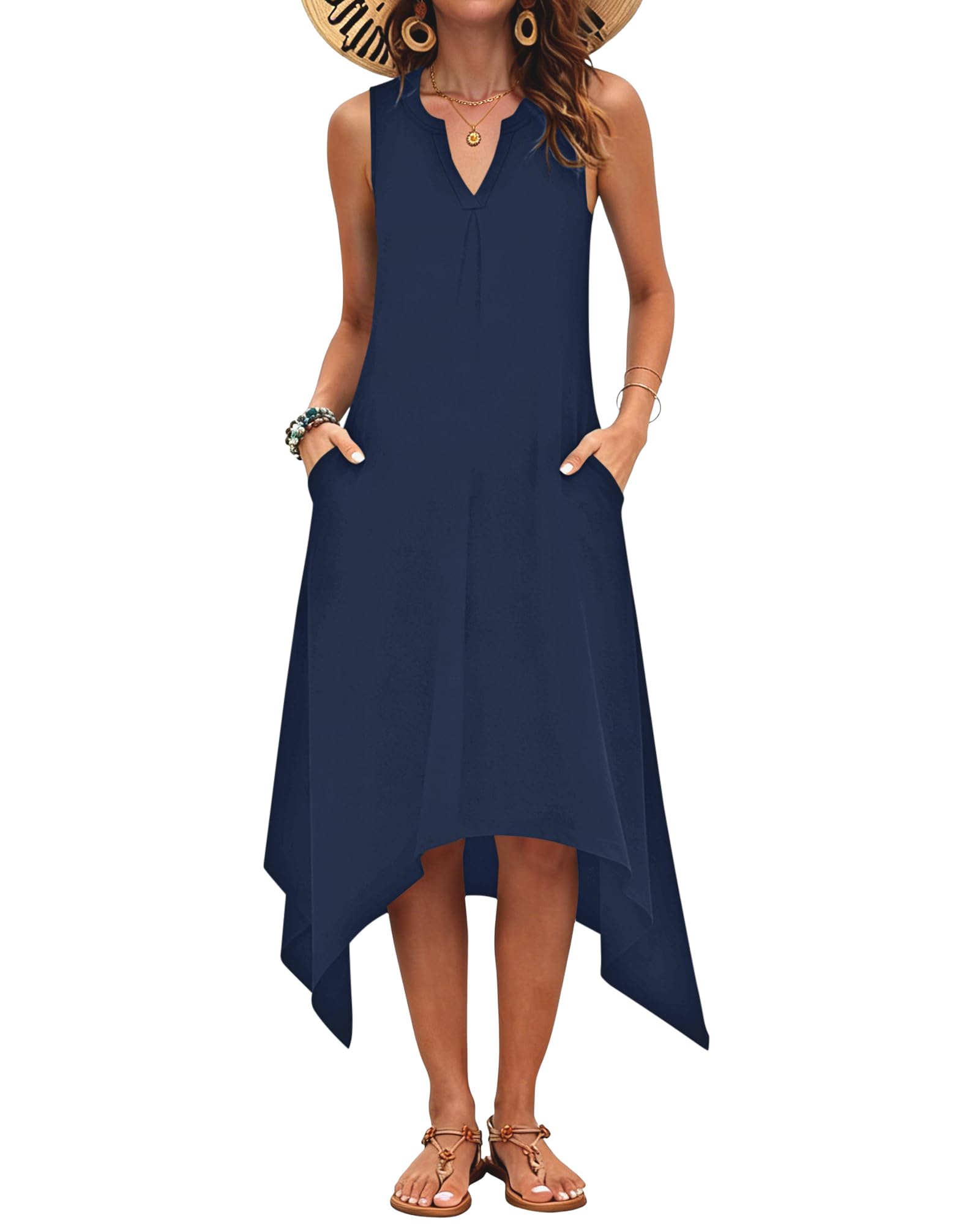 AUSELILY Womens Summer Midi Dress V Neck Sleeveless Casual with Pockets | Flowy womens summer dress with asymmetrical hem, great for beach, vacation and daily wear