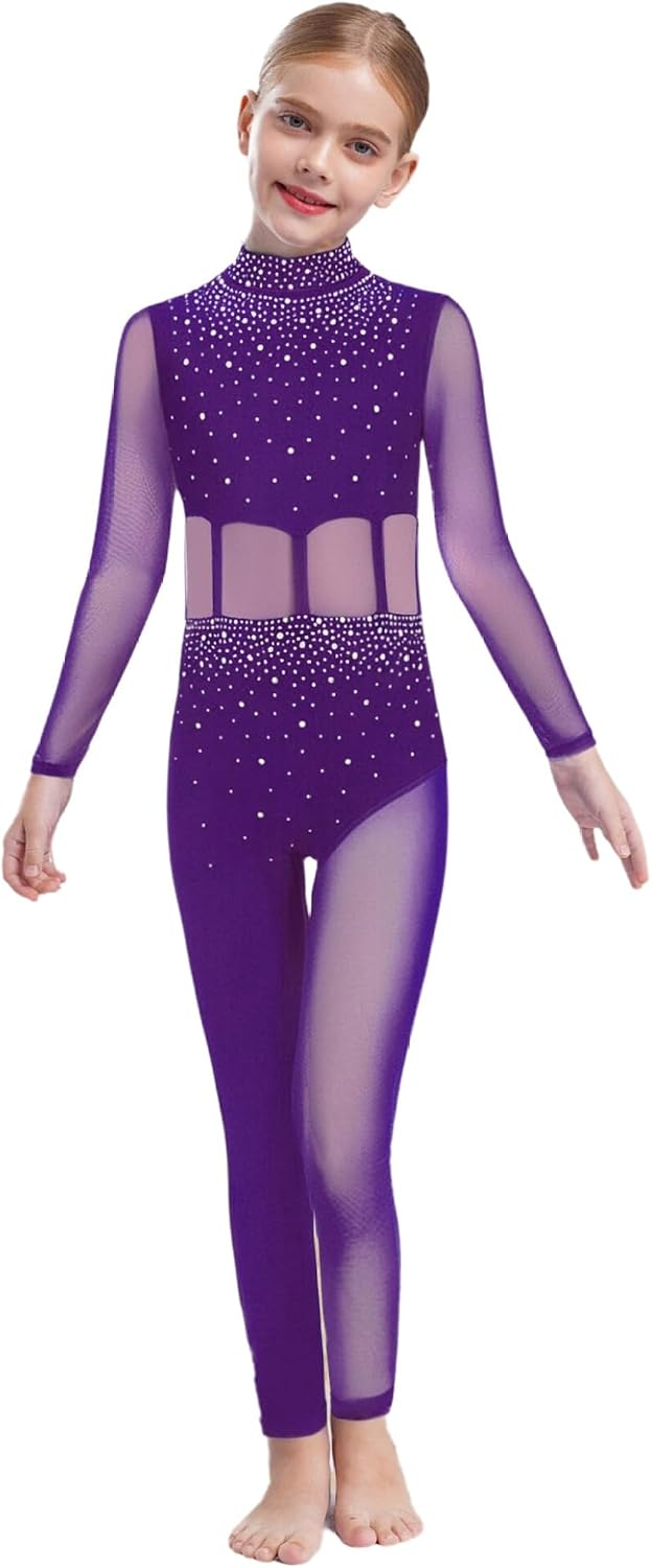 Kids Girls Shiny Figure Ice Skating Unitards Mesh Long Sleeve Cutout Back Gymnastics Ballet Dance Leotard Dancewear