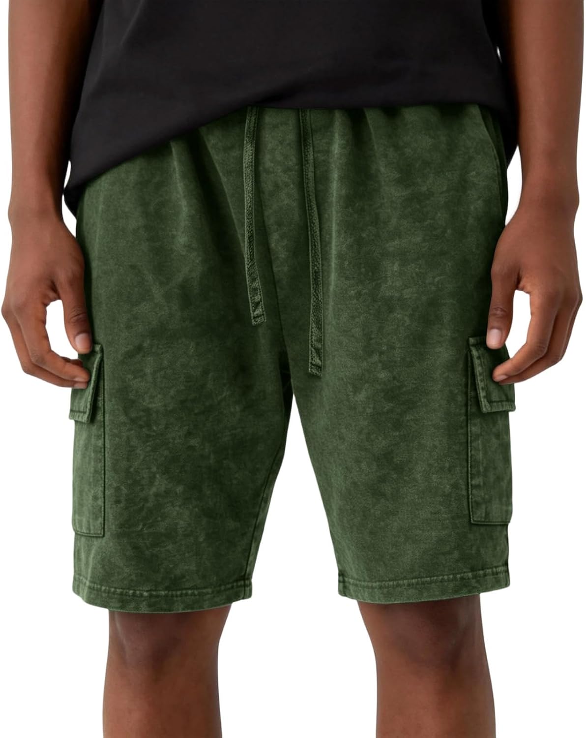 Men's Washed Effect Cargo Shorts Summer Elastic Waist Drawstring Casual Shorts with Side Cargo Pockets