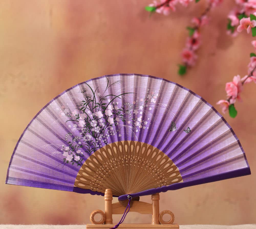 METTEOR Hand Fan Folding, 2Pcs Flax Hand Fan Foldable Elegant Flower Natural Bone Bamboo Fans With Tassel Purple Chinese Fan Handmade Handheld Foldi