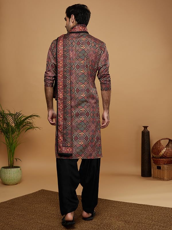 Image of KISAH Men's Kurta Patiala Set with Dupatta, Black Cotton Blend, Printed Regular Fit Mandarin Collar Long Sleeves