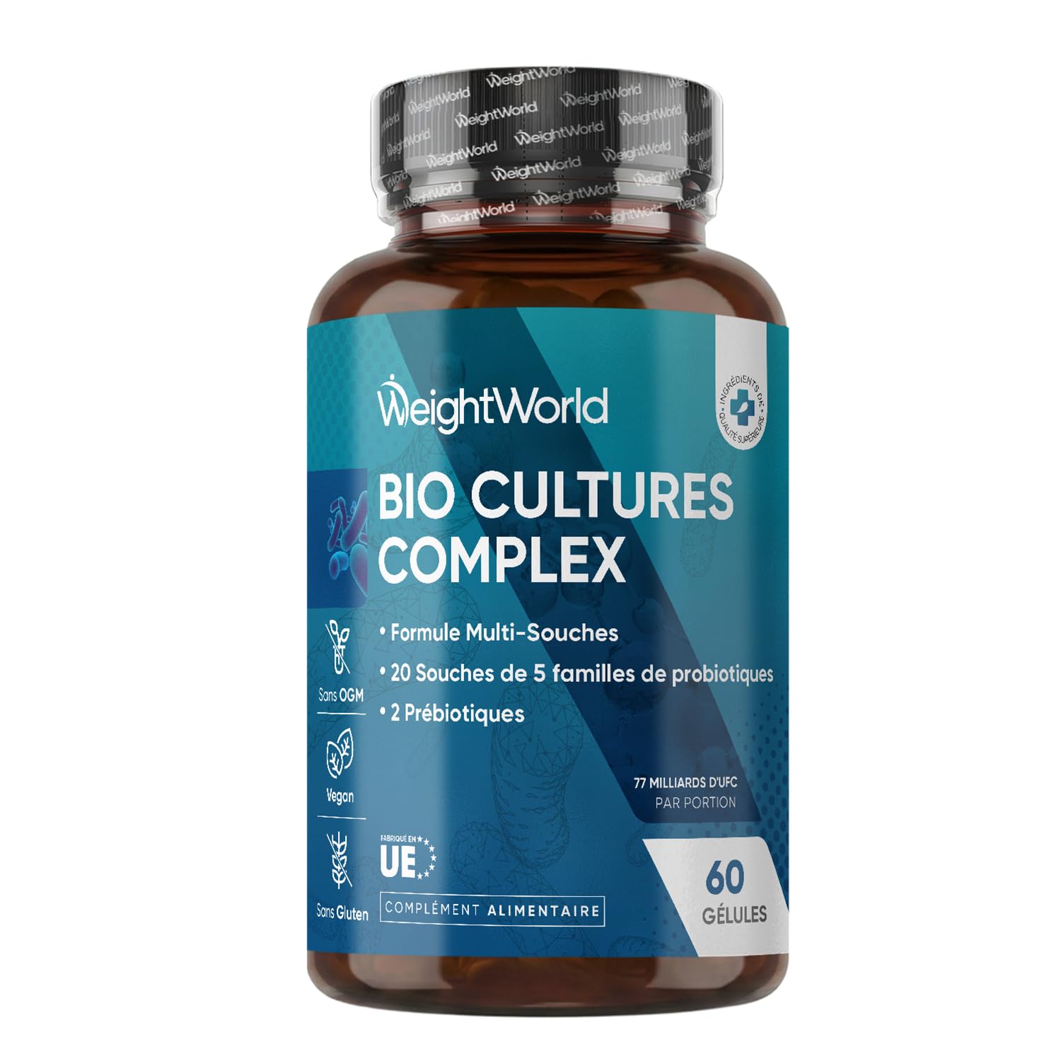 Probiotique Flore Intestinale 77 Milliards d'UFC - 20 Souches, Probiotiques et Prébiotiques Lactobacillus Gasseri, Lactobacillus Rhamnosus, Bifidobacterium, Inuline, FOS, 60 Gélules Vegan sans Gluten