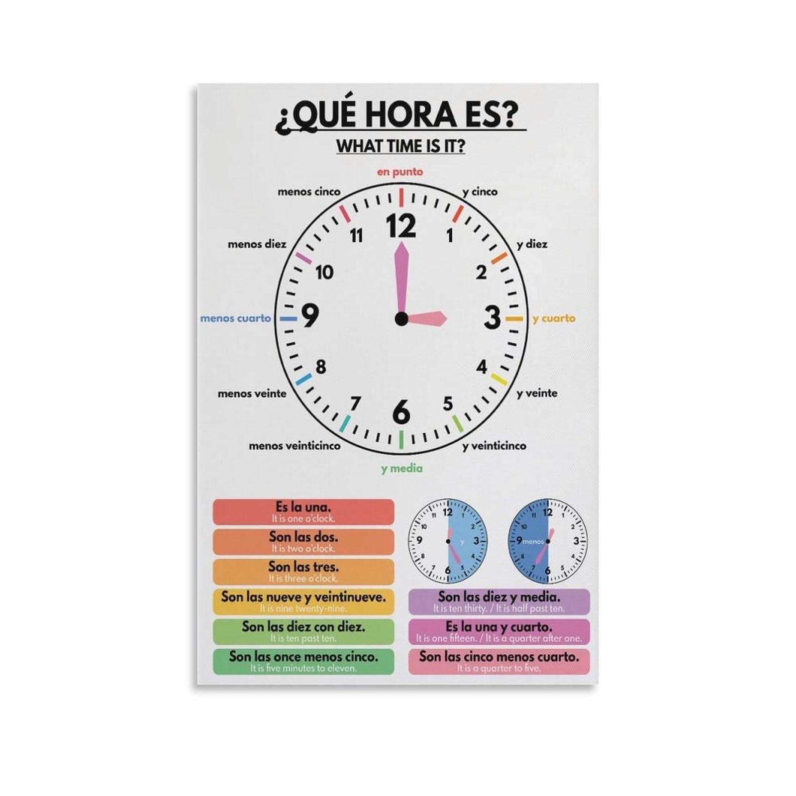 BYLSAGWHT Spanish Telling Time Poster Educational Clock Reading Chart What Time Is It Teaching Resource for Homeschool Classroom Bilingual Learning
