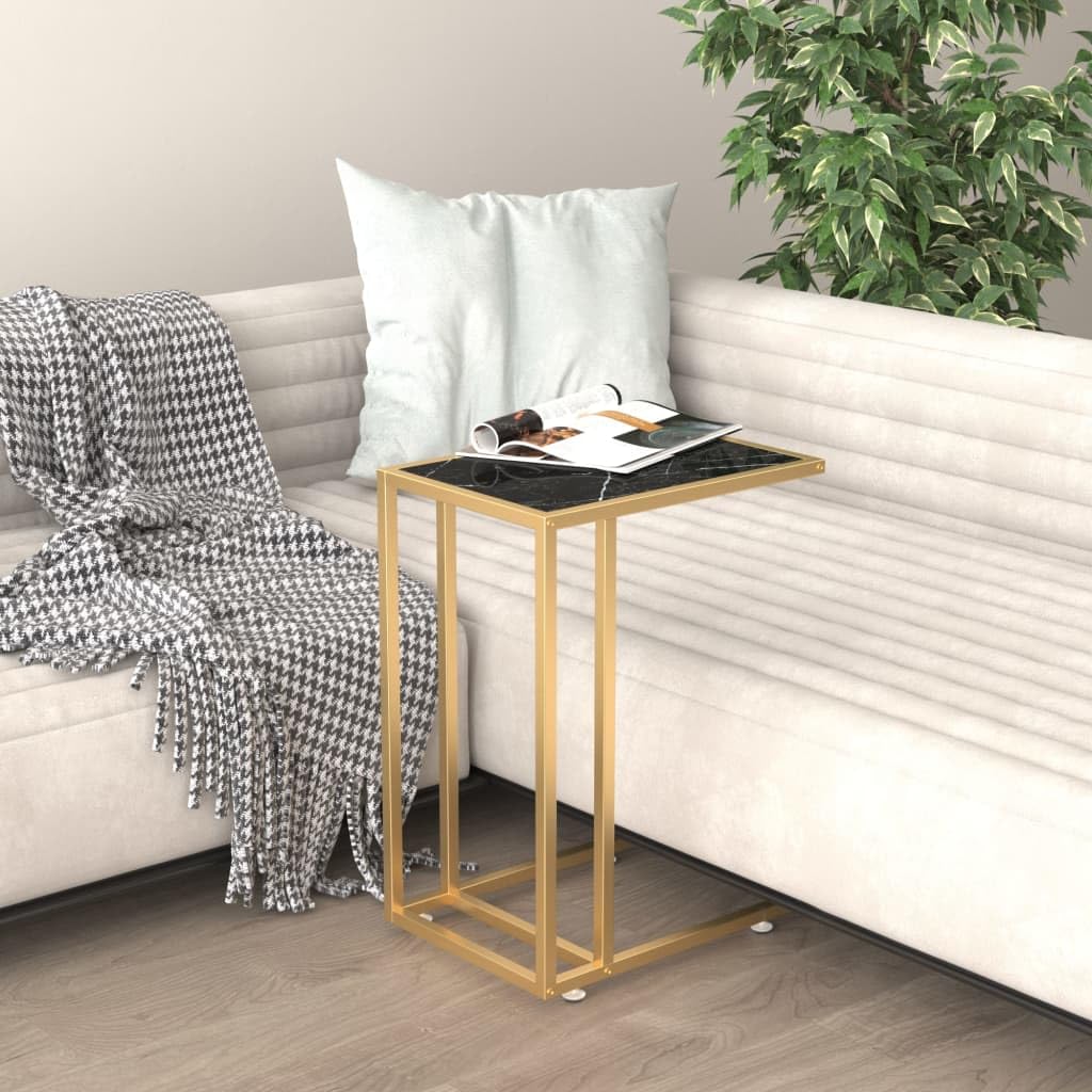 Mesa auxiliar para ordenador de mármol negro con cristal templado, 50 x 35 x 65 cm, mesa de centro estable con estante para salón, oficina, pasillo y balcón, mesa de sofá versátil con estante