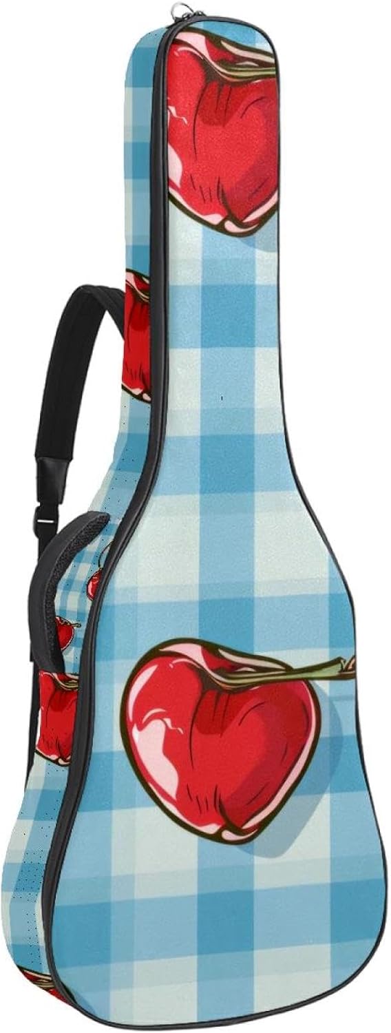 Acoustic Guitar Bag 0.4 Inch Thick Padding Waterproof Guitar Case Gig Bag for 40 41 42 Inch Electric Bass Classical Guitar, Cute Cherry on Blue Plaid Background
