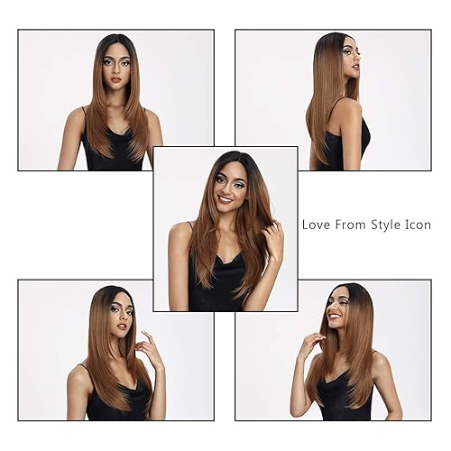 Miniatura 5 de Style Icon Pelucas de encaje frontal ombré, pelucas largas y rectas sintéticas con cabello de bebé, media mano, atadas a mano, negro, rubio