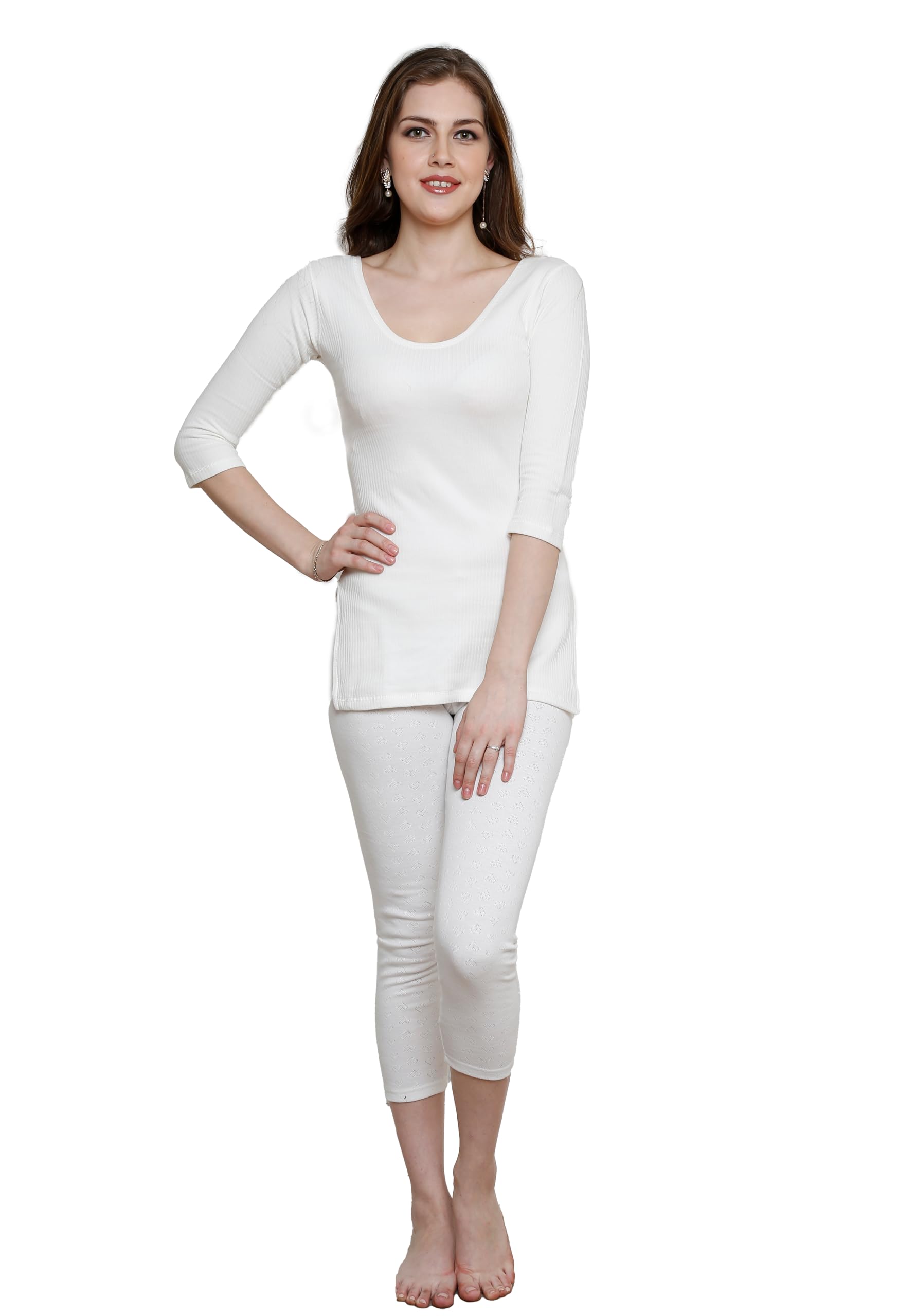 Women's Three-Fourth Length Sleeves Full Set Thermal Wear - Top & Bottom Set for Winter Warmth - Heat Retaining Fabric,Lightweight and Comfortable Fit | Cold Weather Protection - White