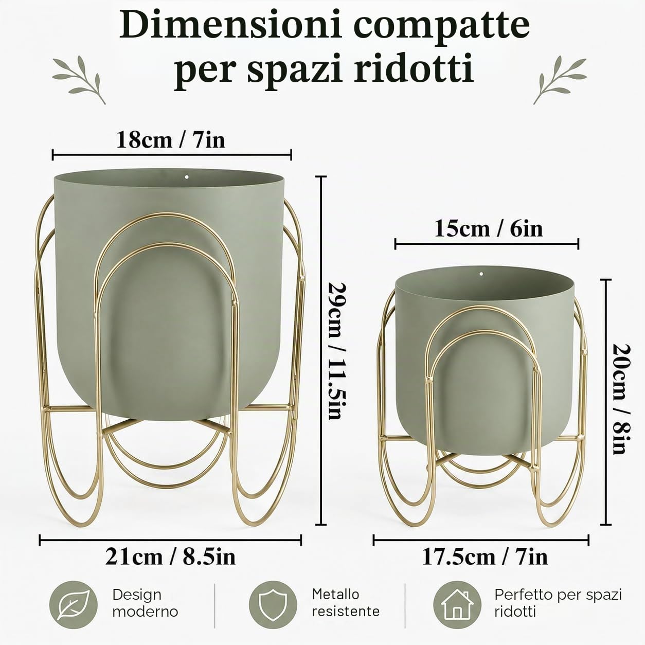 JHY DESIGN Set di 2 piccole fioriere in metallo con supporti, 29 cm e 20 cm, vasi da fiori verdi da interno, da tavolo, per piante grasse, erbe, mensole, davanzali, scrivania, cucina e soggiorno