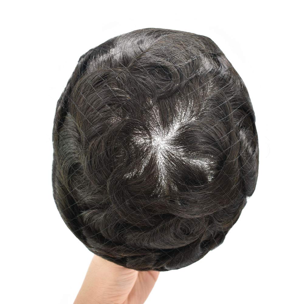 LYRICAL HAIR Toupee For Men Human Hair Undetectable French Lace Mens Replacement System Grey Black Brown Ash Blonde Poly Skin Around Mens Wig Hairpieces (6X8", #510 5# MEDIUM LIGHT BROWN WITH 10% SYNTHETIC GREY)