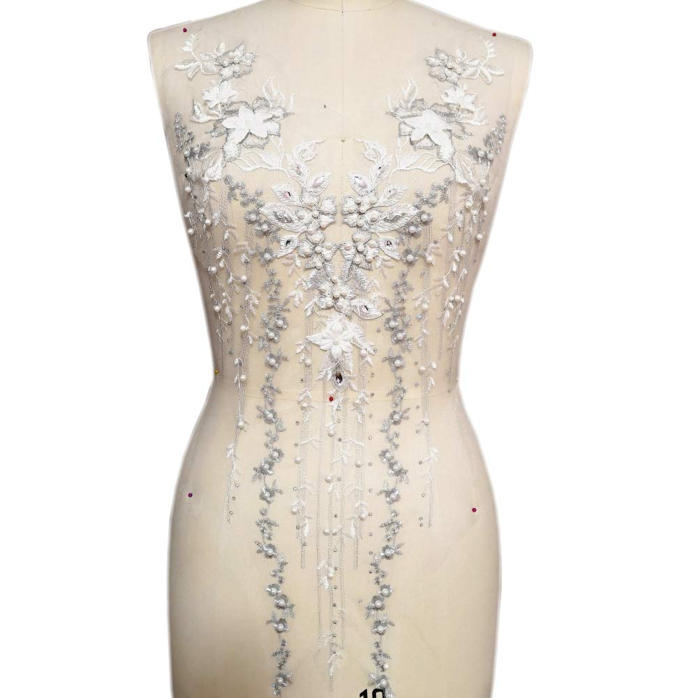 succi shan Lace Embroidered Pearl Rhinestone Patches Applique for DIY Fabric Trim Neckline Wedding Bridal Prom Dress Back Decoration (White, Back)