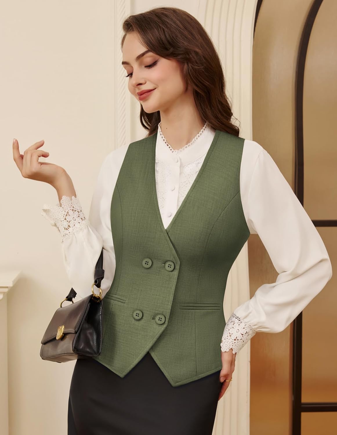 Belle Poque Vest Tops for Women 2026 trendy Sleeveless V-Neck Double Breasted Work Suit Waistcoat Vests with 2 Pockets - Image 4