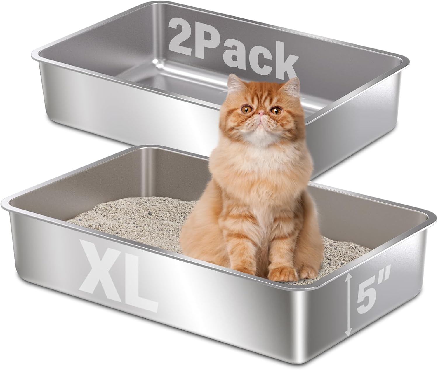 Stainless Steel Litter Box 2 Pack,XL Metal Litter Box for Cat,Easy Clean Non Stick No Smell Metal Litterbox for Kitty/Multi-Cats 2 pack-XLarge:22.4"x14.5"x5.1"