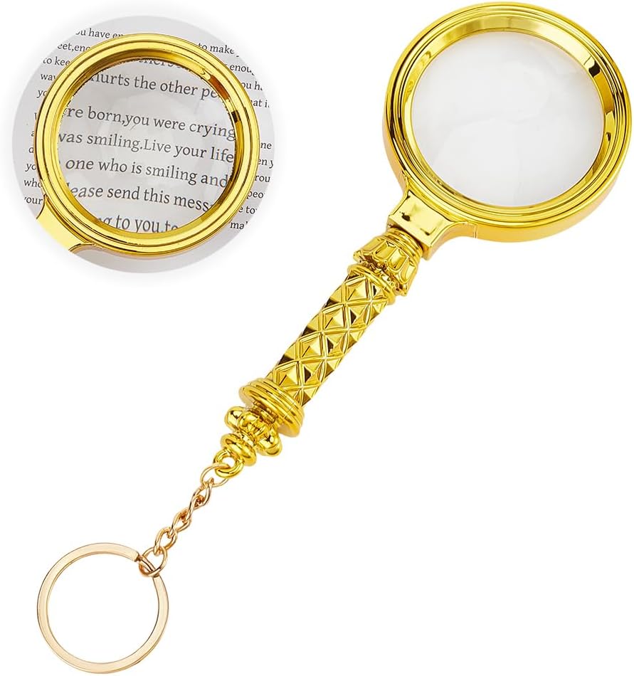 10X Magnifying Glass Keychain Gold Handheld Magnifying Glass ABS Plastic Gold Plated Frame Portable Mini Loupe Magnifiers with Split Key Ring for Reading Jewelry Repair Map Crafts Accessories