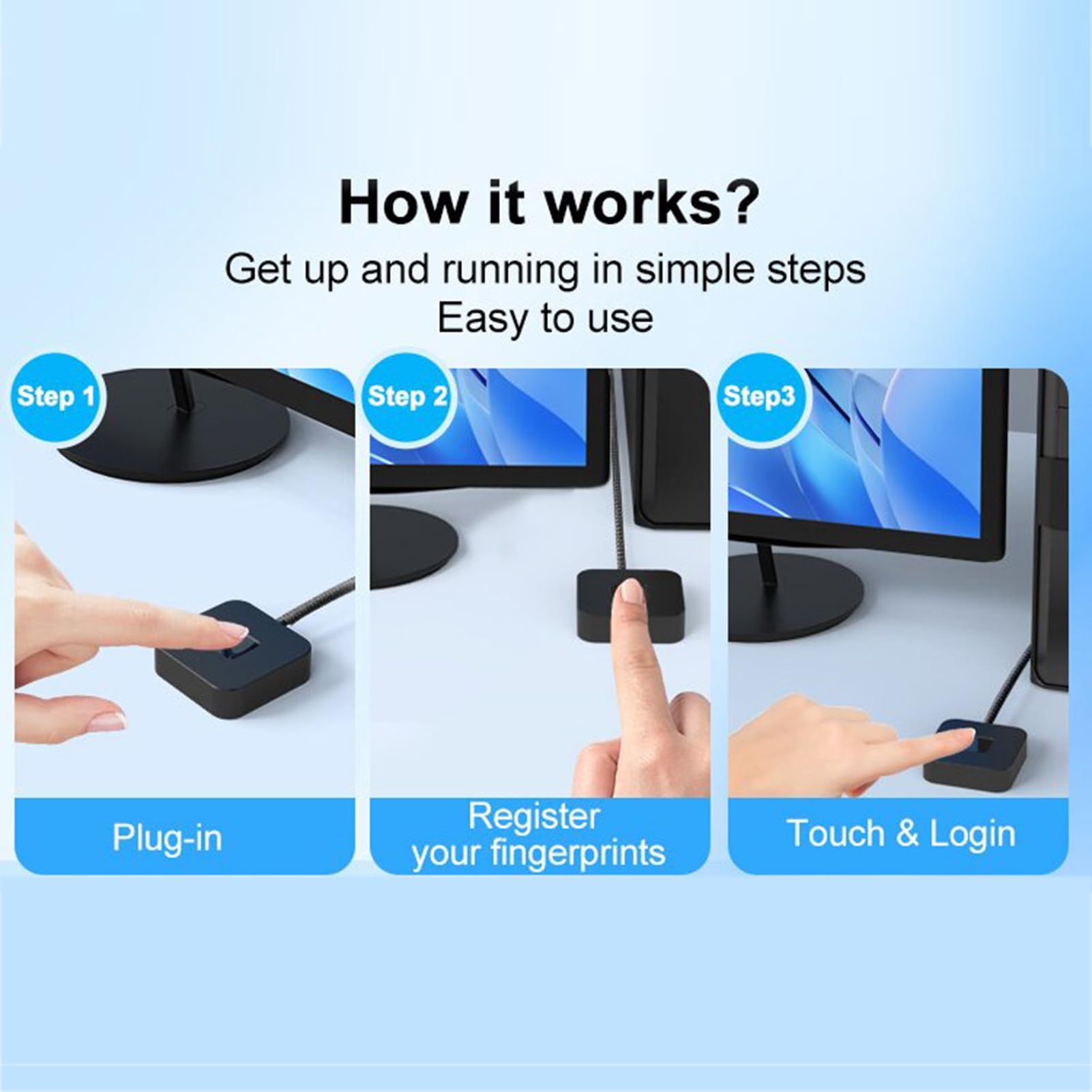 Tosuny Lettore di Impronte Digitali USB Desktop per Wins 10/11 Hello, Dongle per PC per Scanner Biometrico di Impronte Digitali, Tocco a 360° e Corrispondenza Biometrica Rapida, Chiave di (BLACK)