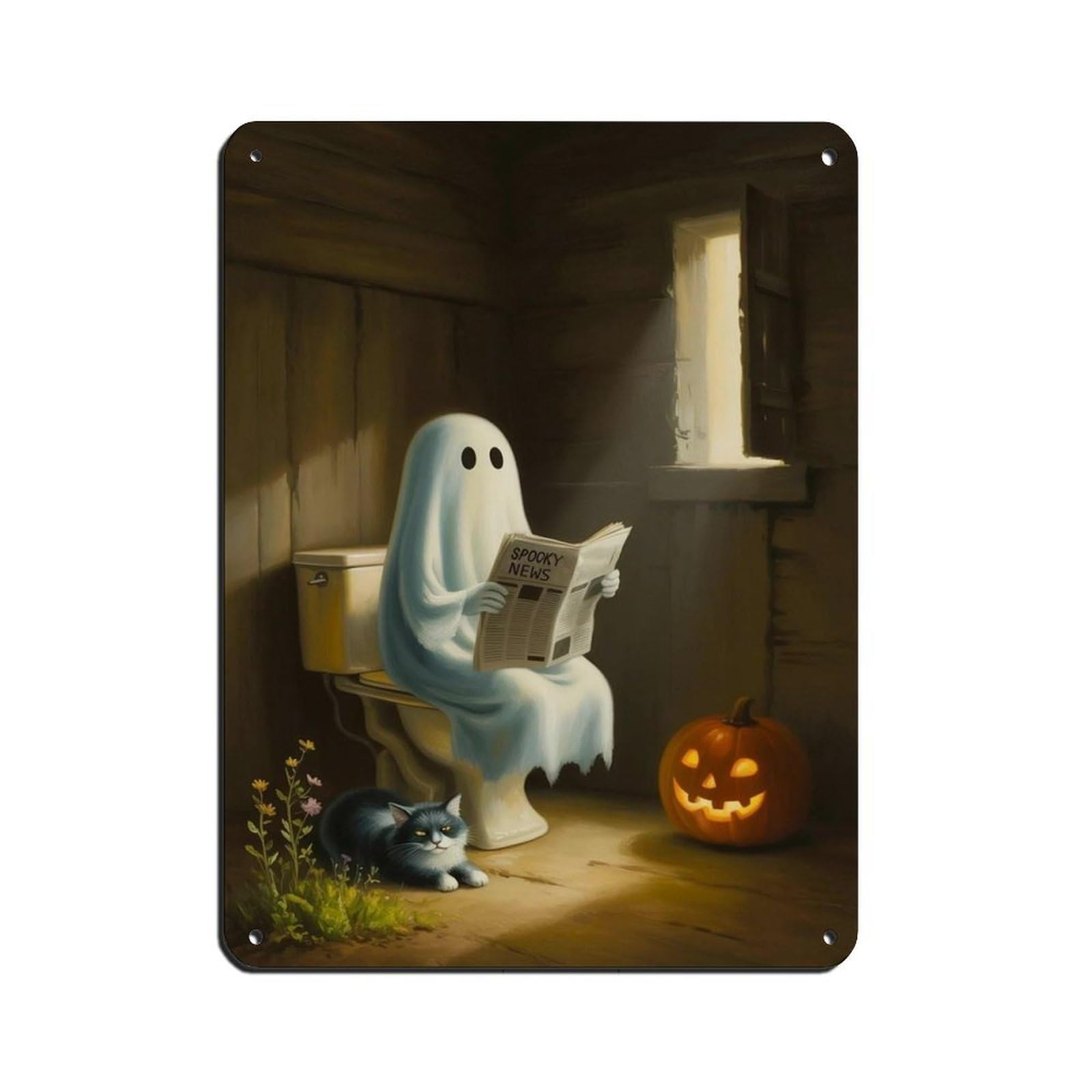 Ghost Reading A Newspaper on Toilet Poster (3) Tin Sign Vintage Metal Pub Club Cafe Bar Home Wall Art Decoration Poster Retro 12x16inch(30x40cm)