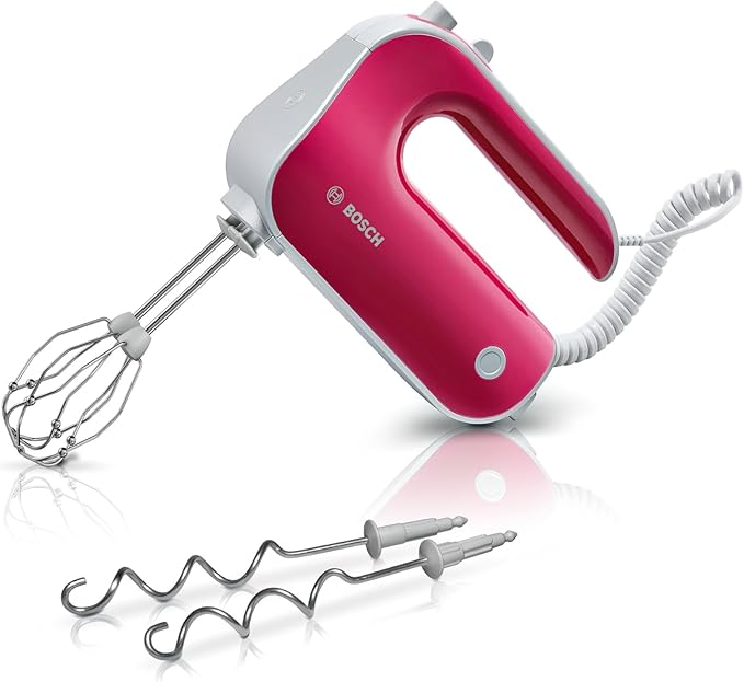 Bosch Handrührgerät, 2 Rührbesen, 2 Edelstahl-Knethaken, spülmaschinenfest, 5 Stufen plus Turbostufe, leicht, 500 W, farbig, himbeerrot/silber, MFQ40304