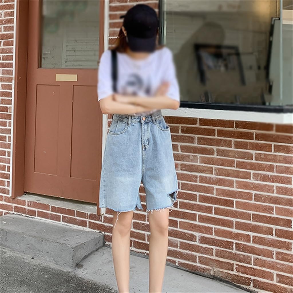 SMEJS 女性のデニムショートパンツ夏破れたジーンズポケットストリートハーフロングブルールーズレディースショートパンツ (Colo