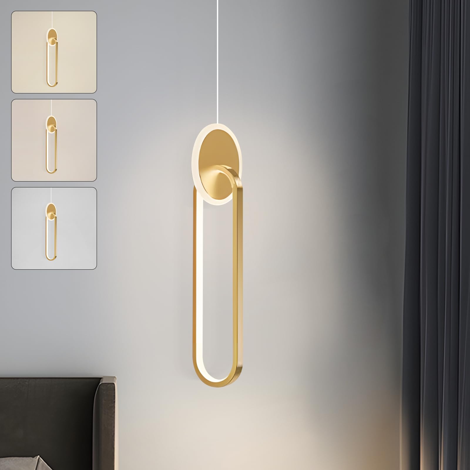 YATAI Modern LED Pendant Light - Golden Oval Hanging Fixture, Adjustable Height, 3-Color Dimmable 3000K-6000K, 18W for Kitchen Island, Corridor, Bedroom & Dining Area