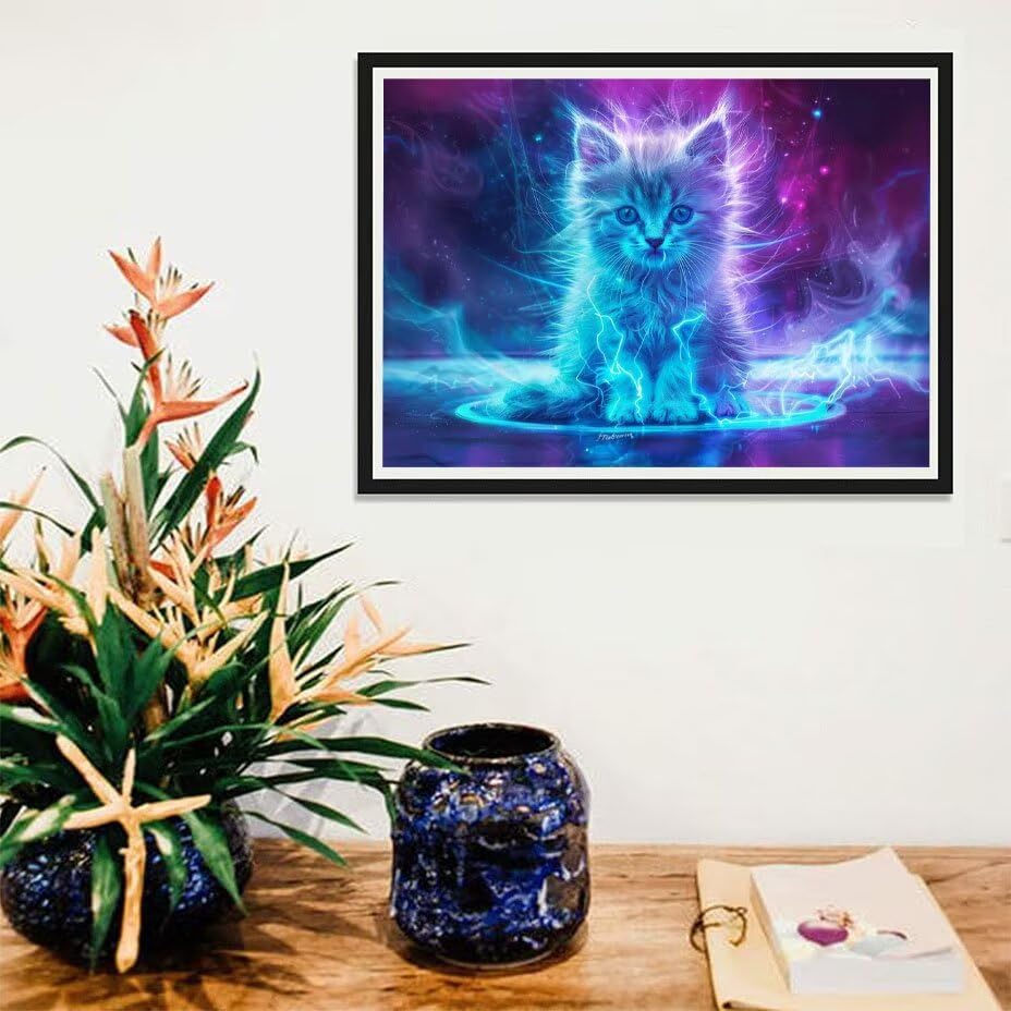 Diamond art chat sans plis : toile adhésive 70x90cm avec accessoires complets