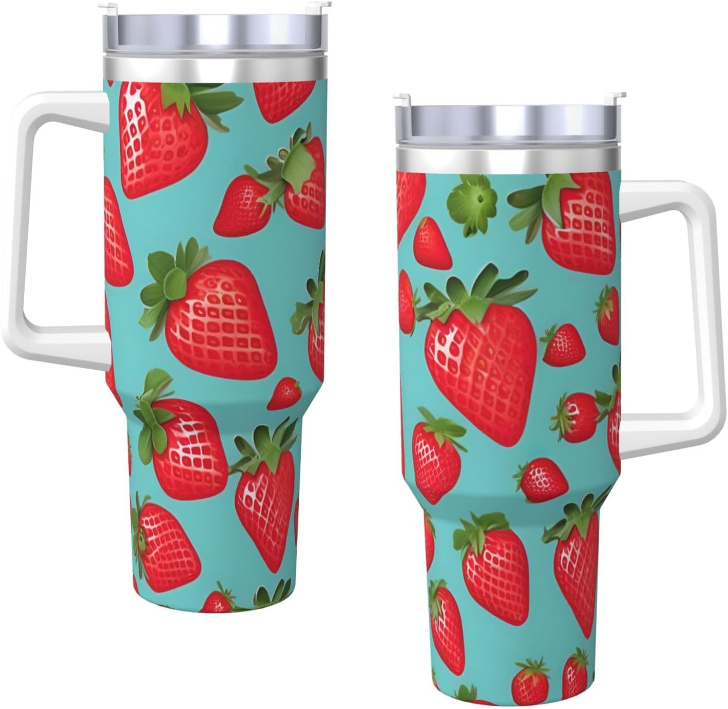 40 OZ Cute strawberry Print Ice Bully Cup with Handle Straw Lid Straw,Stainless Steel Tumbler Coffee Cup
